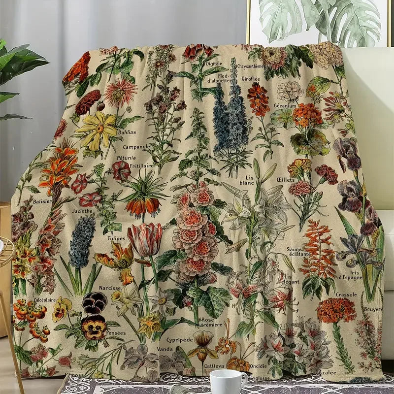 Vintage Green Plant Floral Flannel Blanket