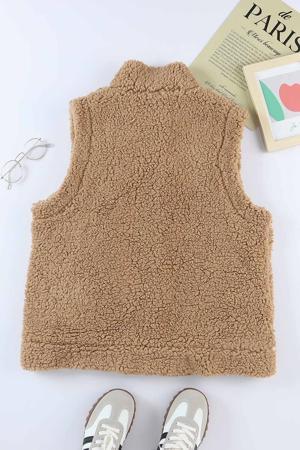 Green Snap Button Collared Stand Neck Sherpa Vest