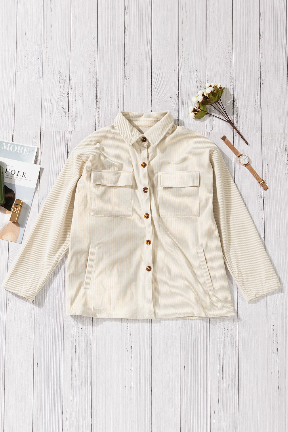 Pocketed Button Ribbed Textured Shacket