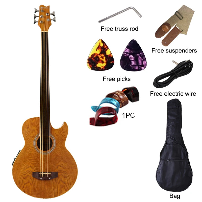 5 string Fretless Electric Acoustic Bass Guitar 43 inch Matte Finish Electric Folk Bass Guitar With EQ Ashwood Body Yellow