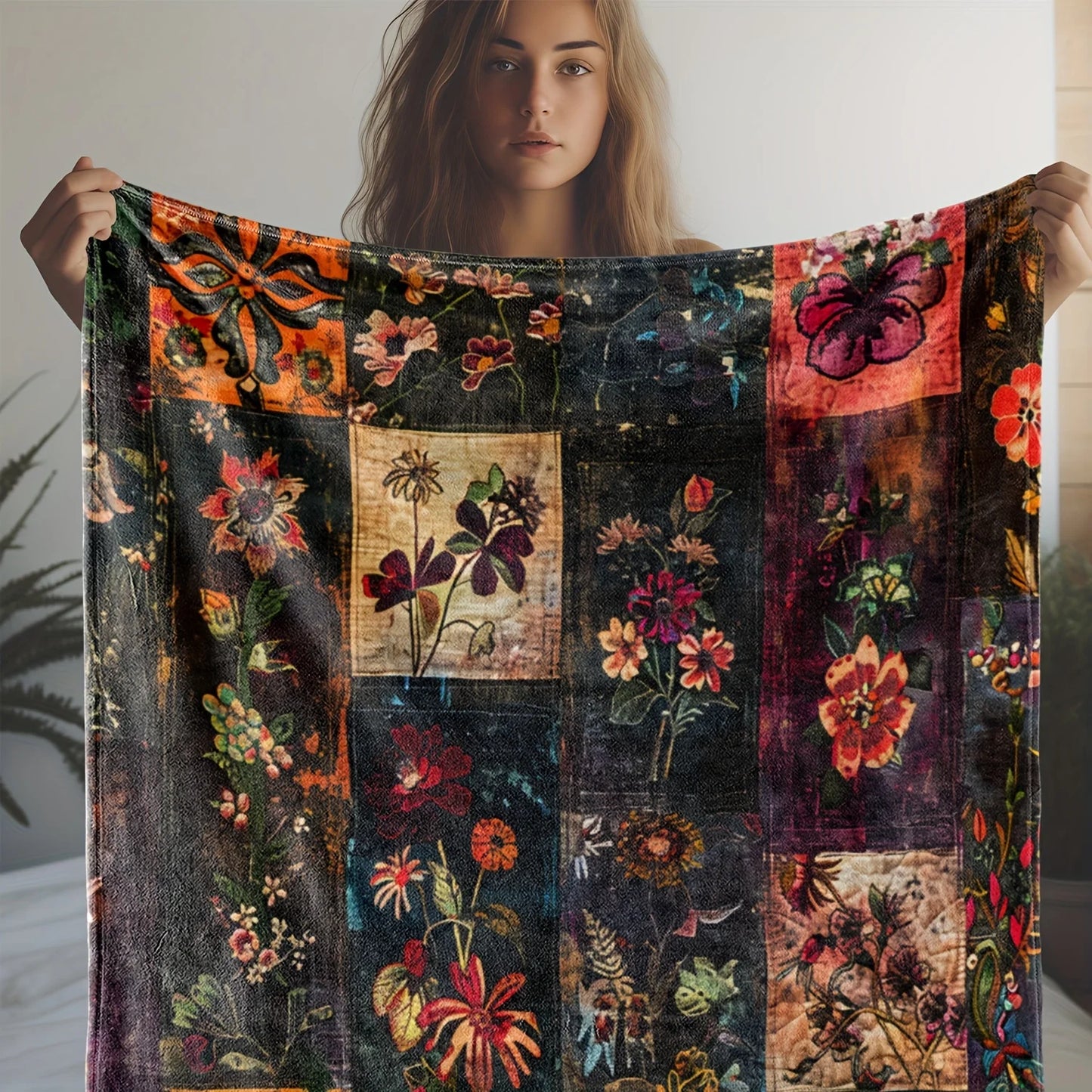 Vintage Green Plant Floral Flannel Blanket