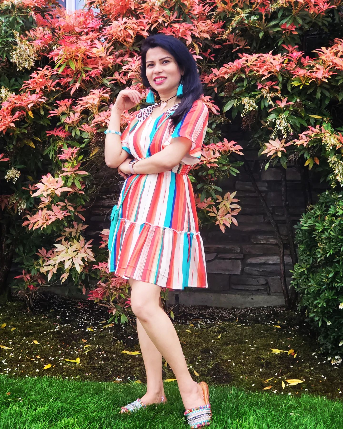 Multicolor Striped and Leopard Print Flounce Hem Short Dress