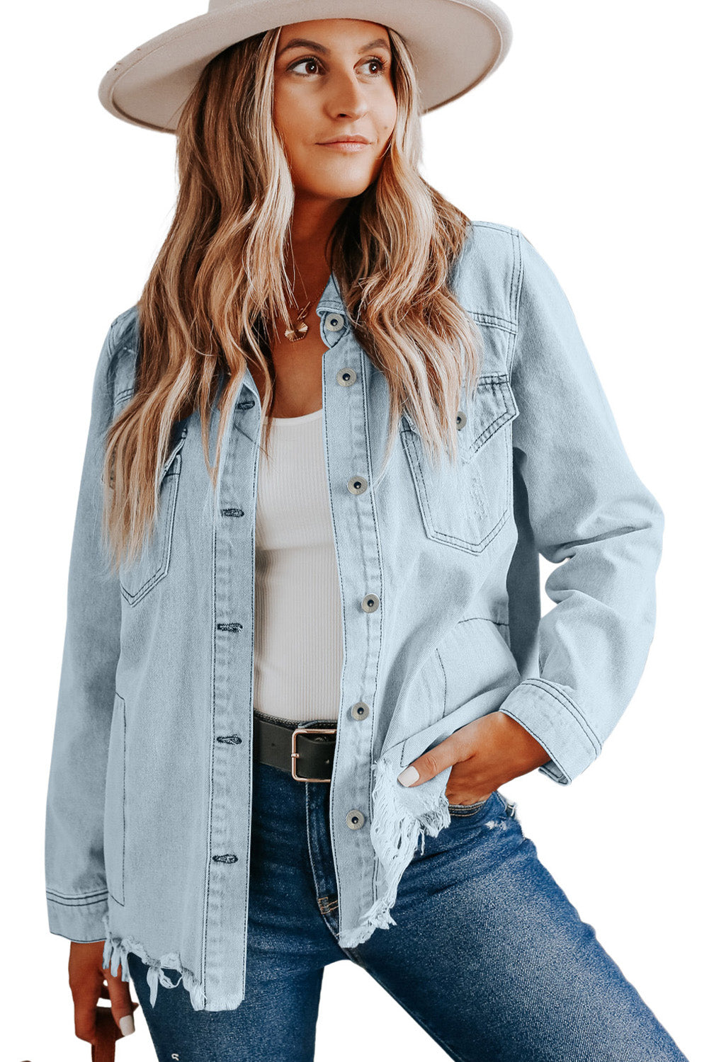 Light Blue Flap Pocket Buttoned Raw Hem Denim Shacket
