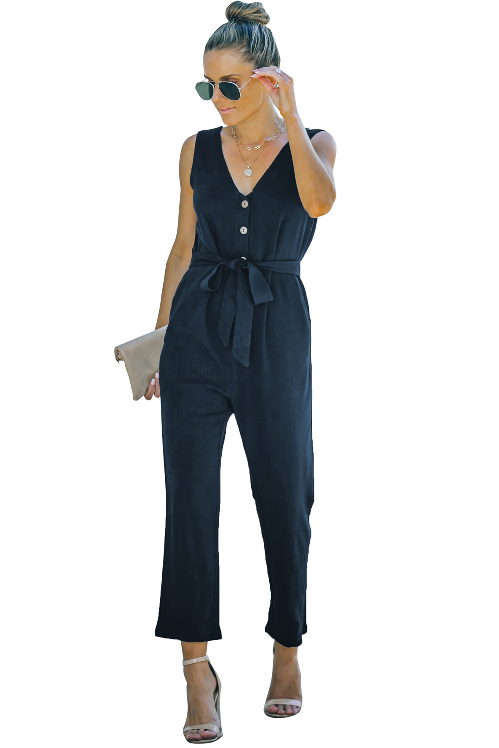 Blue V Neck Button Belted Jumpsuit With Pockets