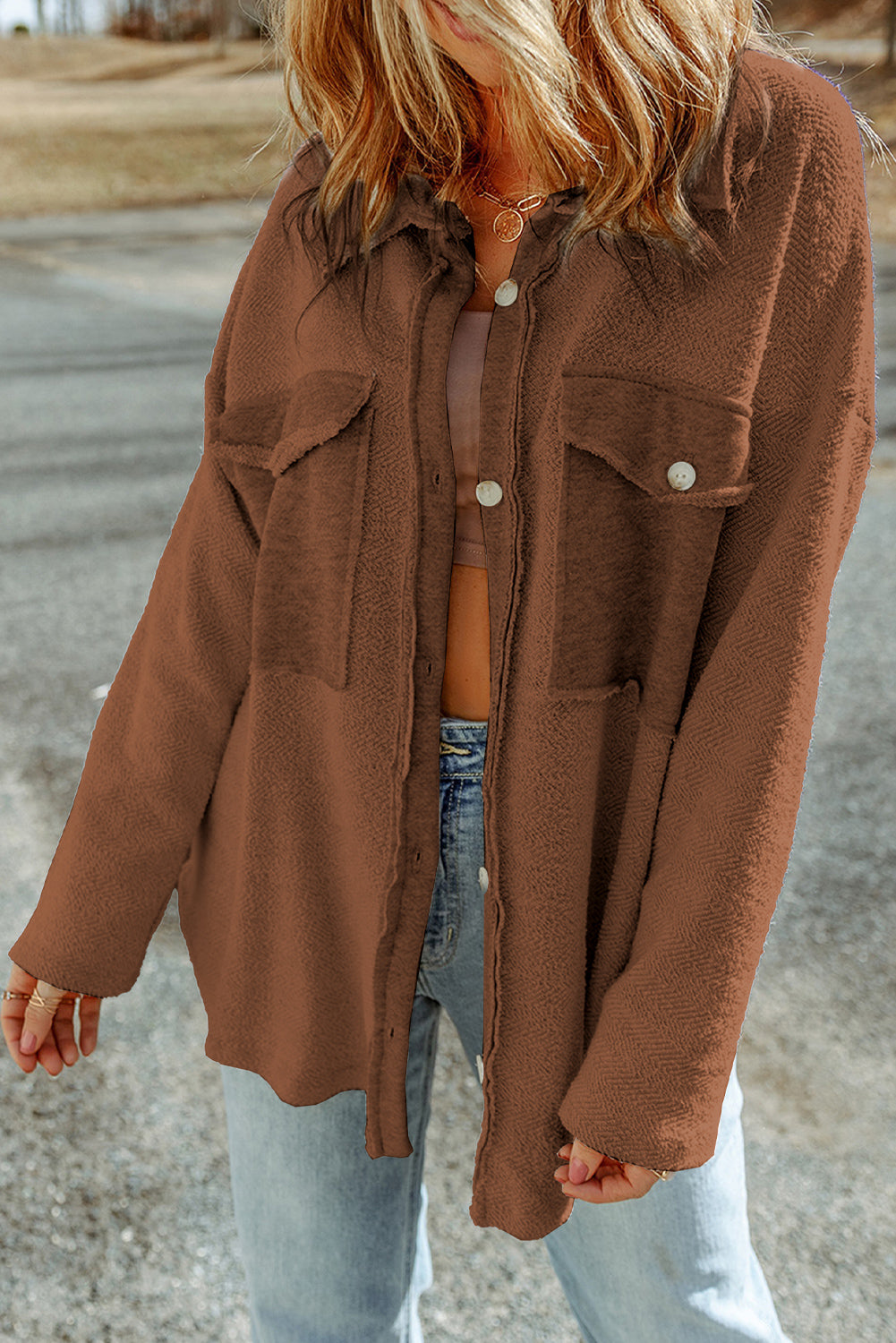 Black Plain Textured Button Up Shirt Shacket with Flap Pockets