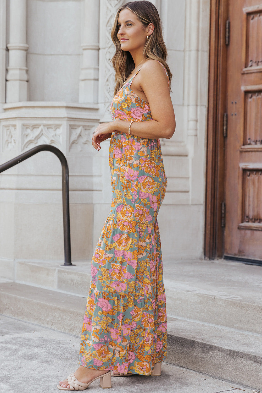 Sky Blue Floral Adjustable Straps Tiered Wide Leg Jumpsuit