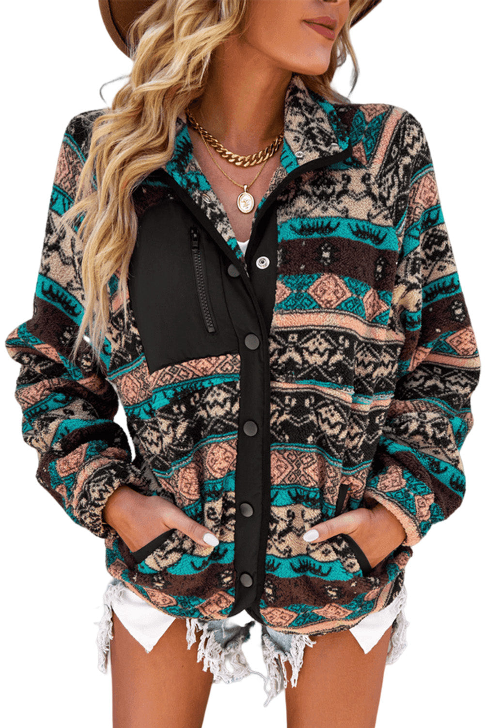 Pink Geometric Colorblock Snap Button Sherpa Jacket