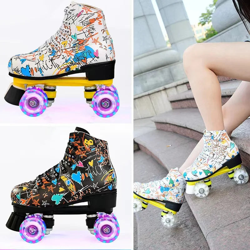 Graffiti Microfiber Roller Quad Roller Skates with LED Wheels