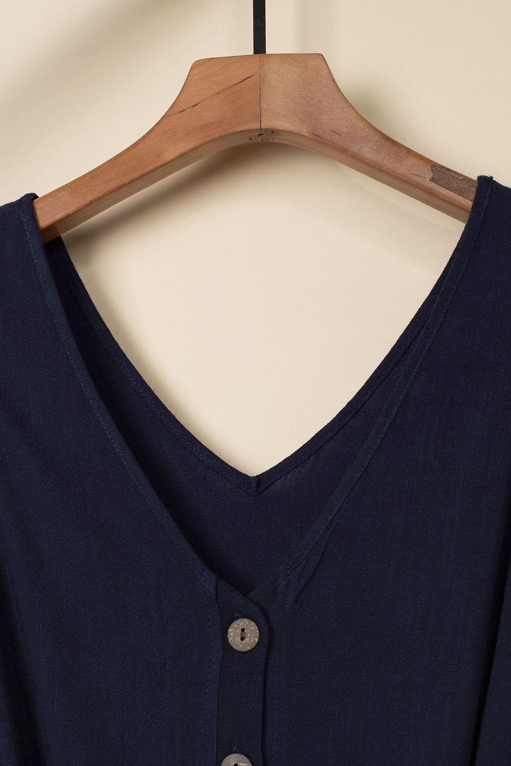 Blue V Neck Button Belted Jumpsuit With Pockets