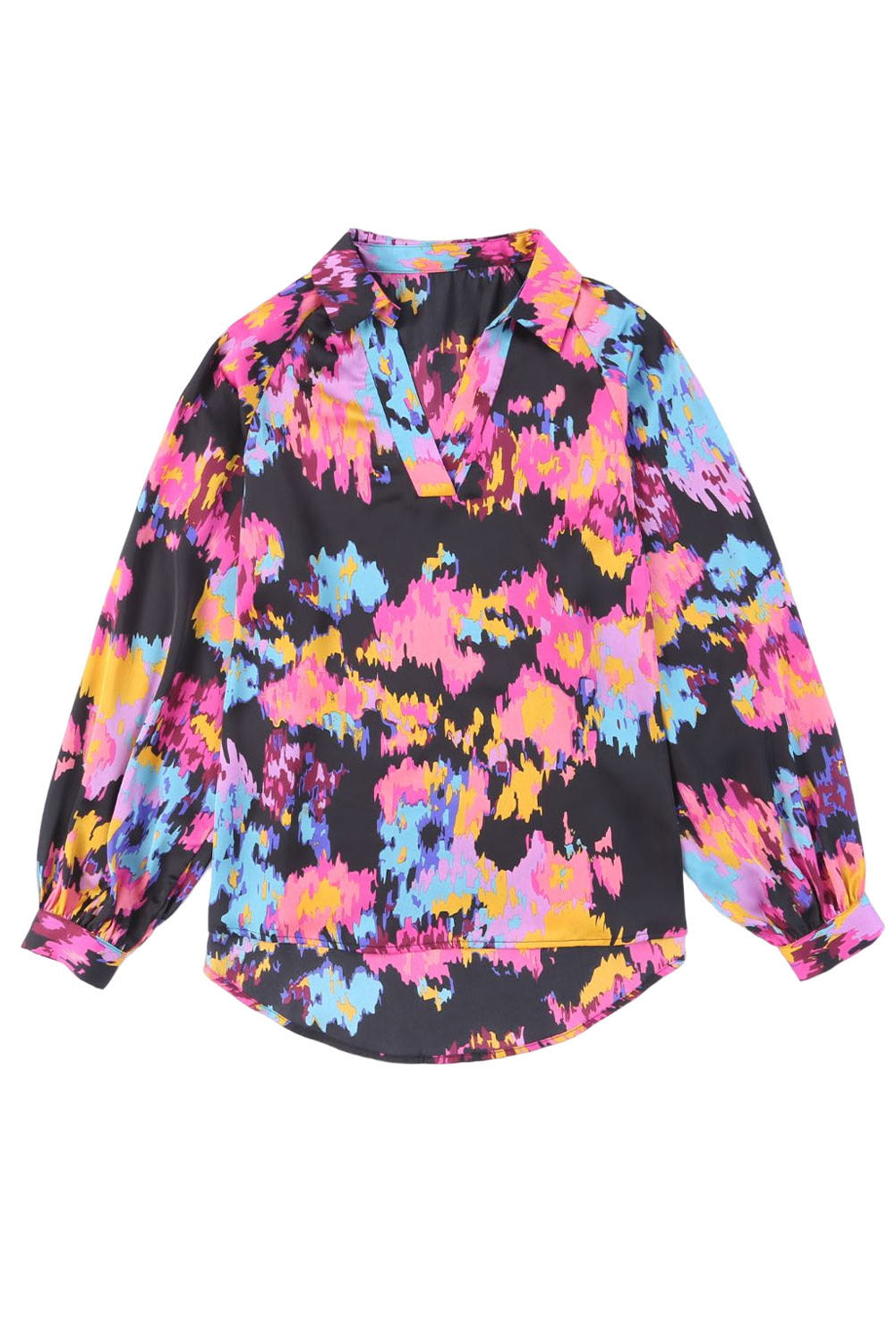 Green Graffiti Colorblock Casual V Neck Puff Sleeve Blouse