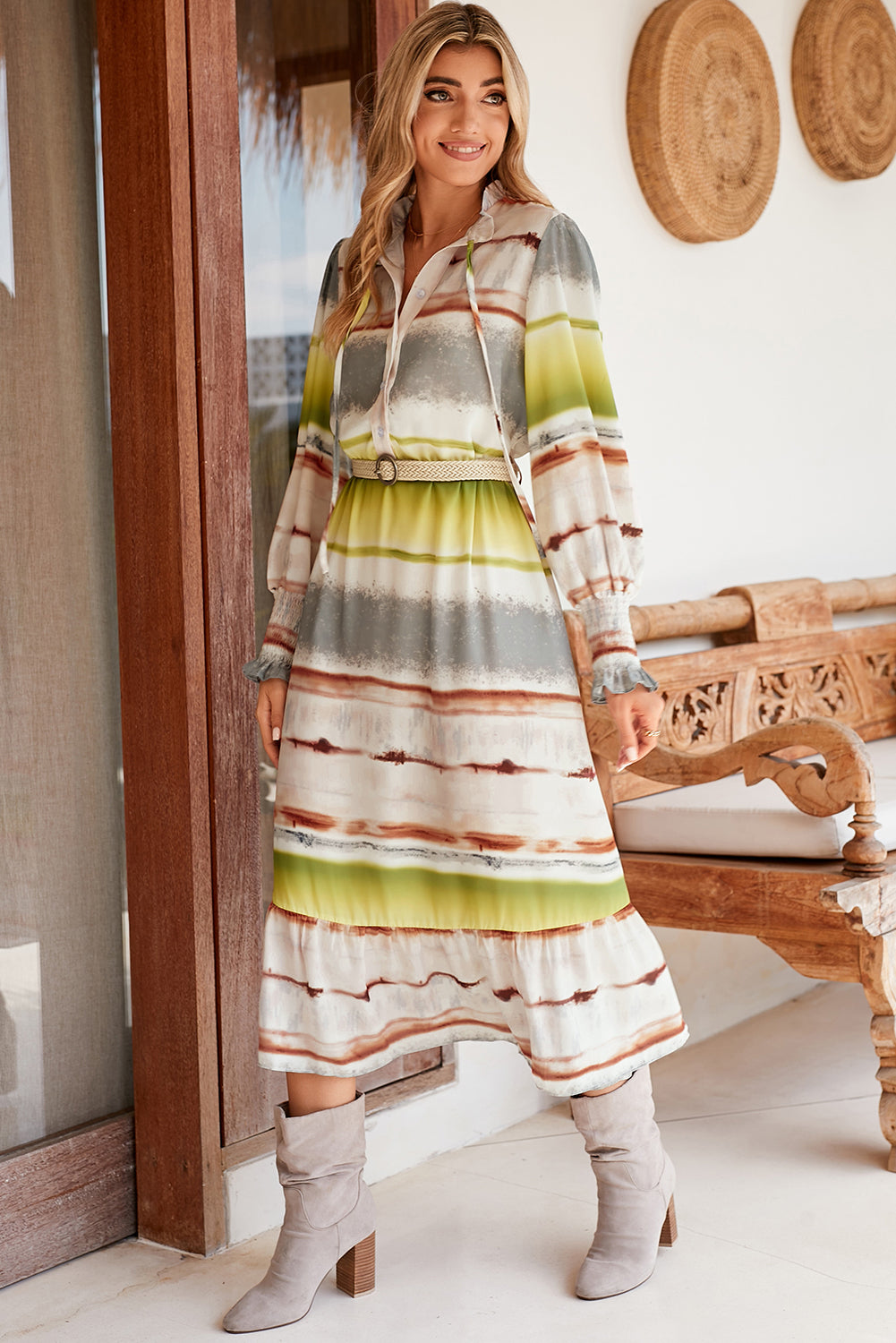 Multicolor Lace Up Tie-dye Print Long Shirt Dress