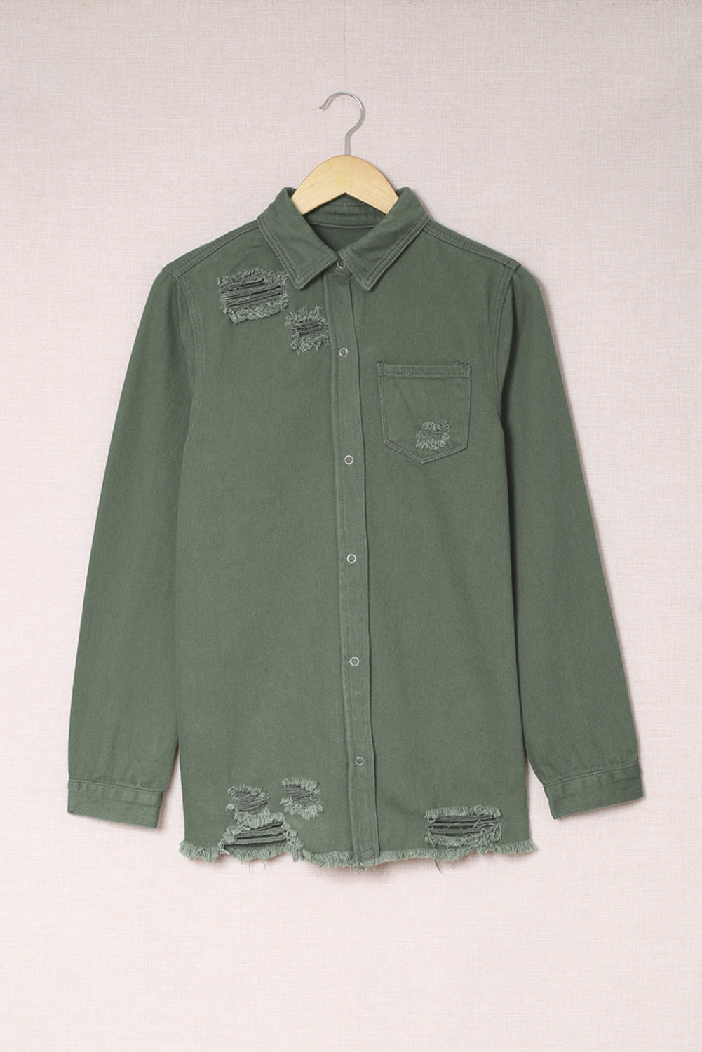 Black Ripped Raw Hem Button Up Denim Shacket