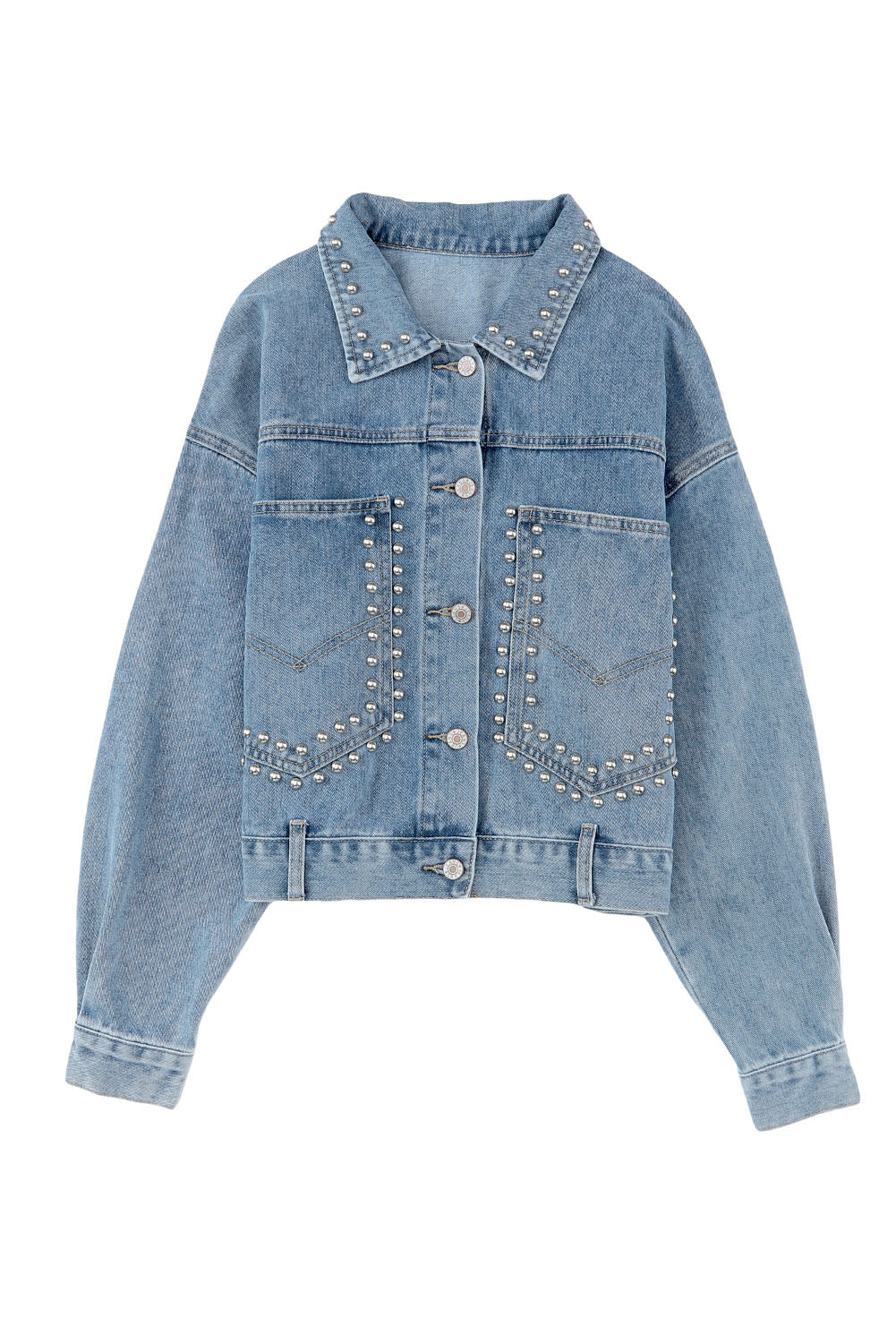 Blue Studded Button Up Light Wash Cropped Denim Jacket