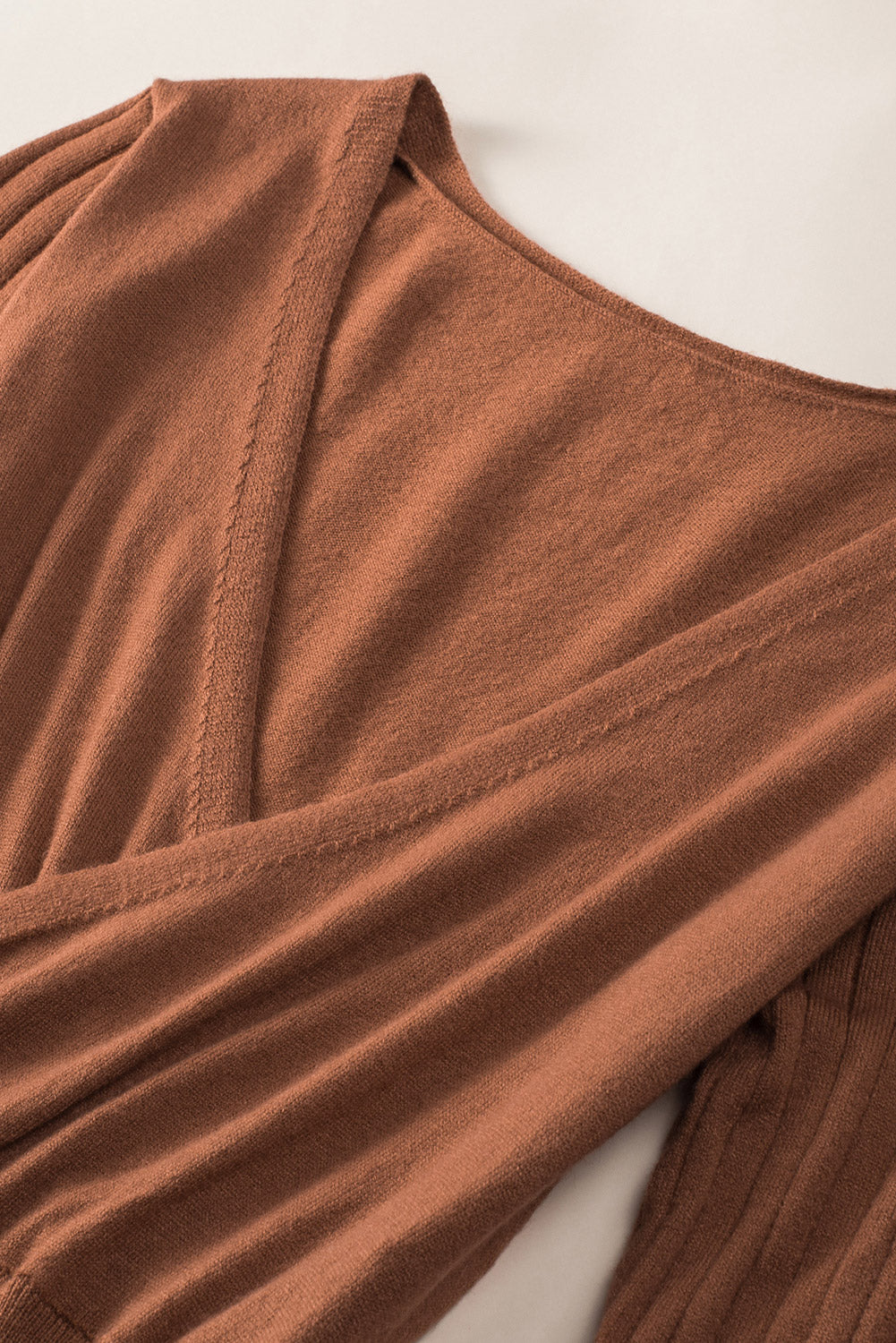 Brown Belted Wrap V Neck Ribbed Pleated Sweater Dress