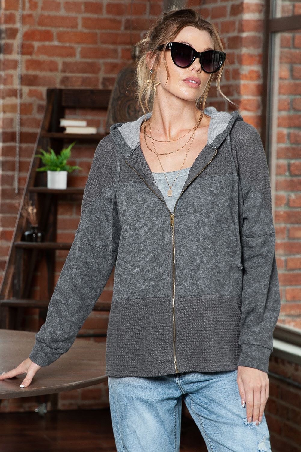 Khaki Dark Washed Patchwork Zip Up Hooded Jacket