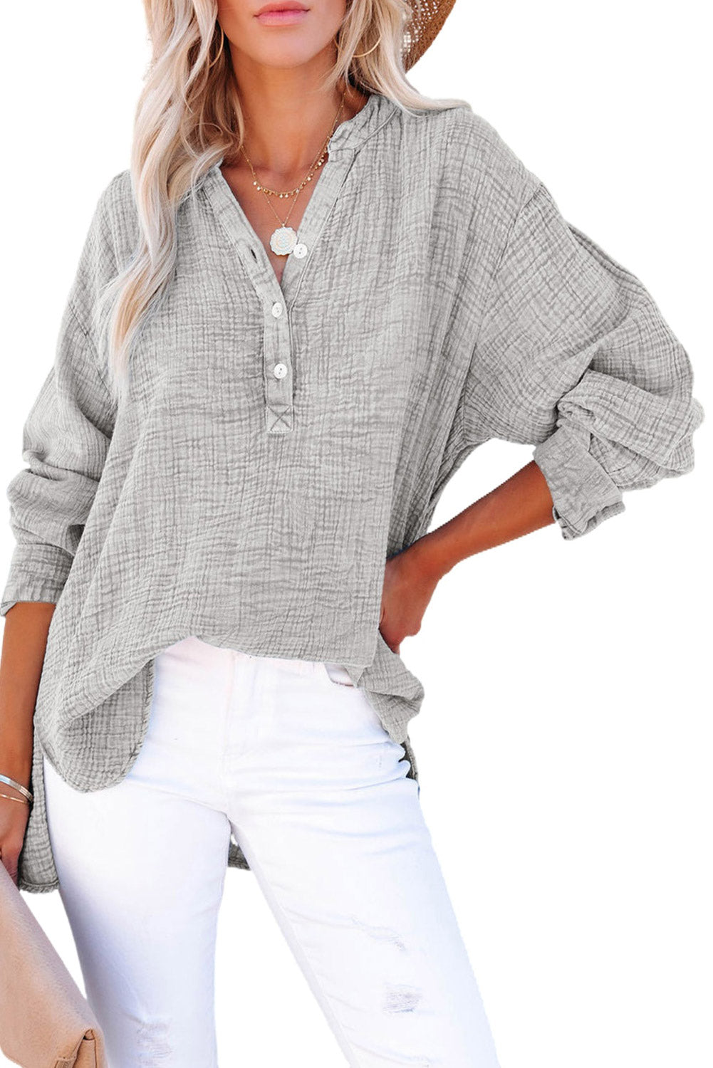 Sky Blue Loose Crinkle Button V Neck Henley Top