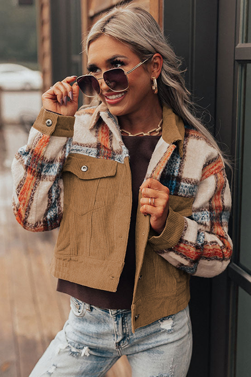 Khaki Plaid Corduroy Flap Pockets Boxy Chunky Jacket