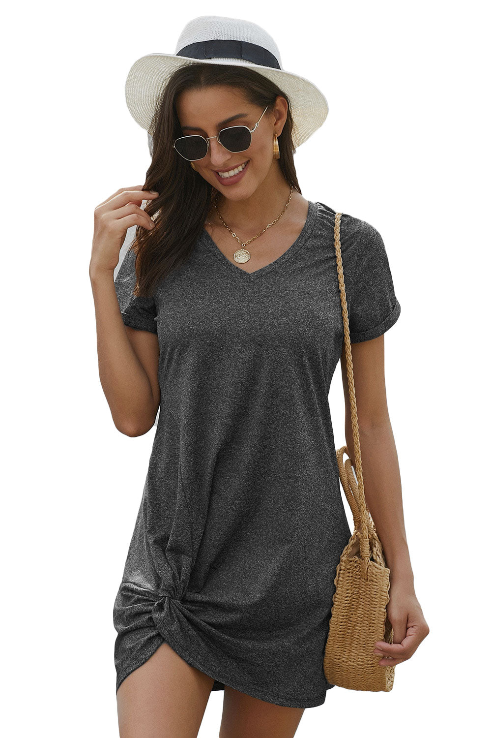 Casual V Neck Short Sleeve Twist Front Short Basics Dress