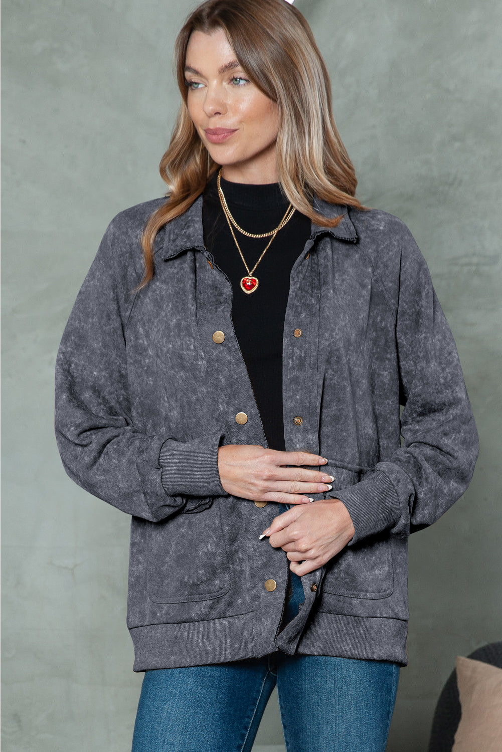 Gray Snap Button Casual Flap Pockets Washed Jacket