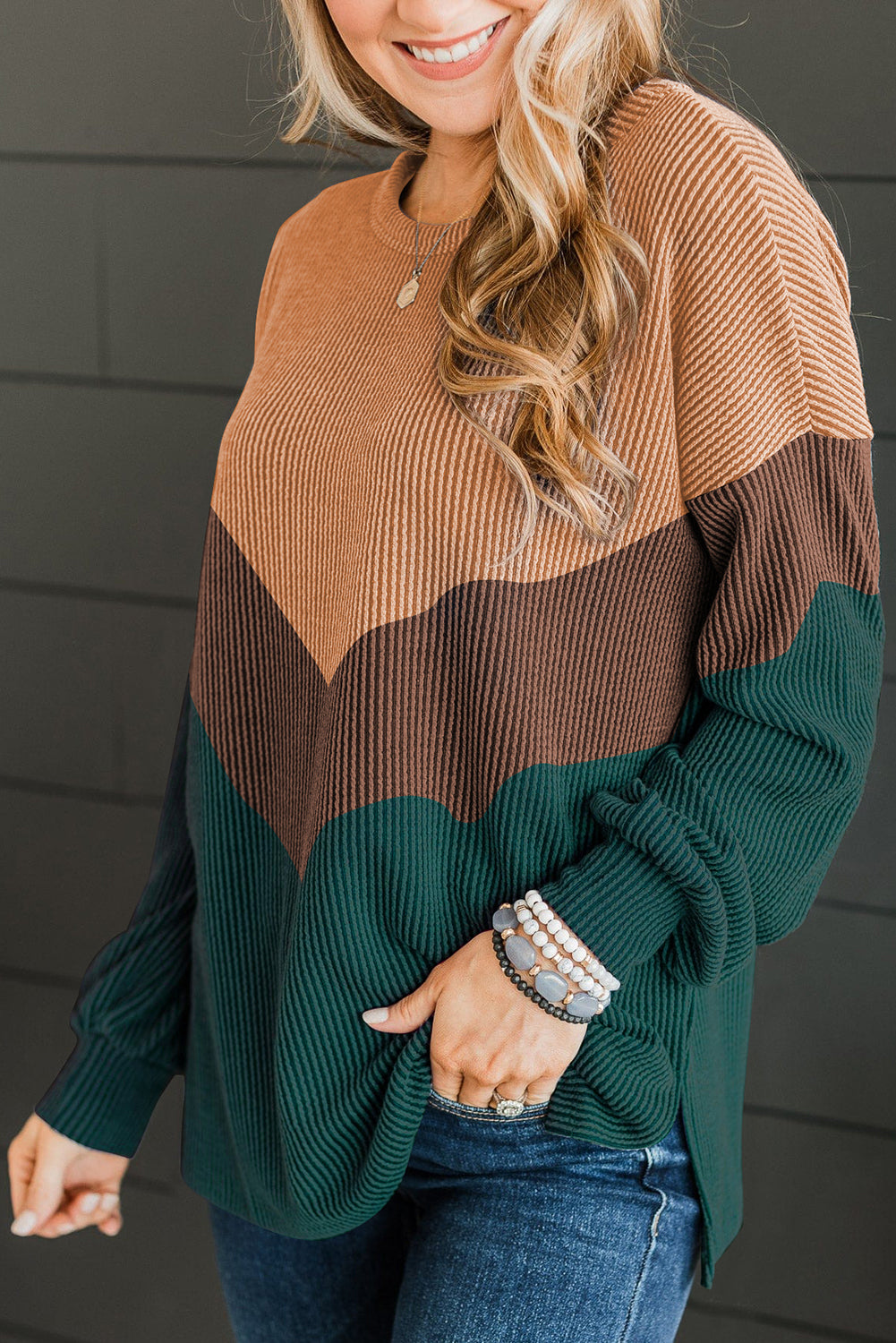 Navy Blue Color Block Corded Tunic Long Sleeve Top