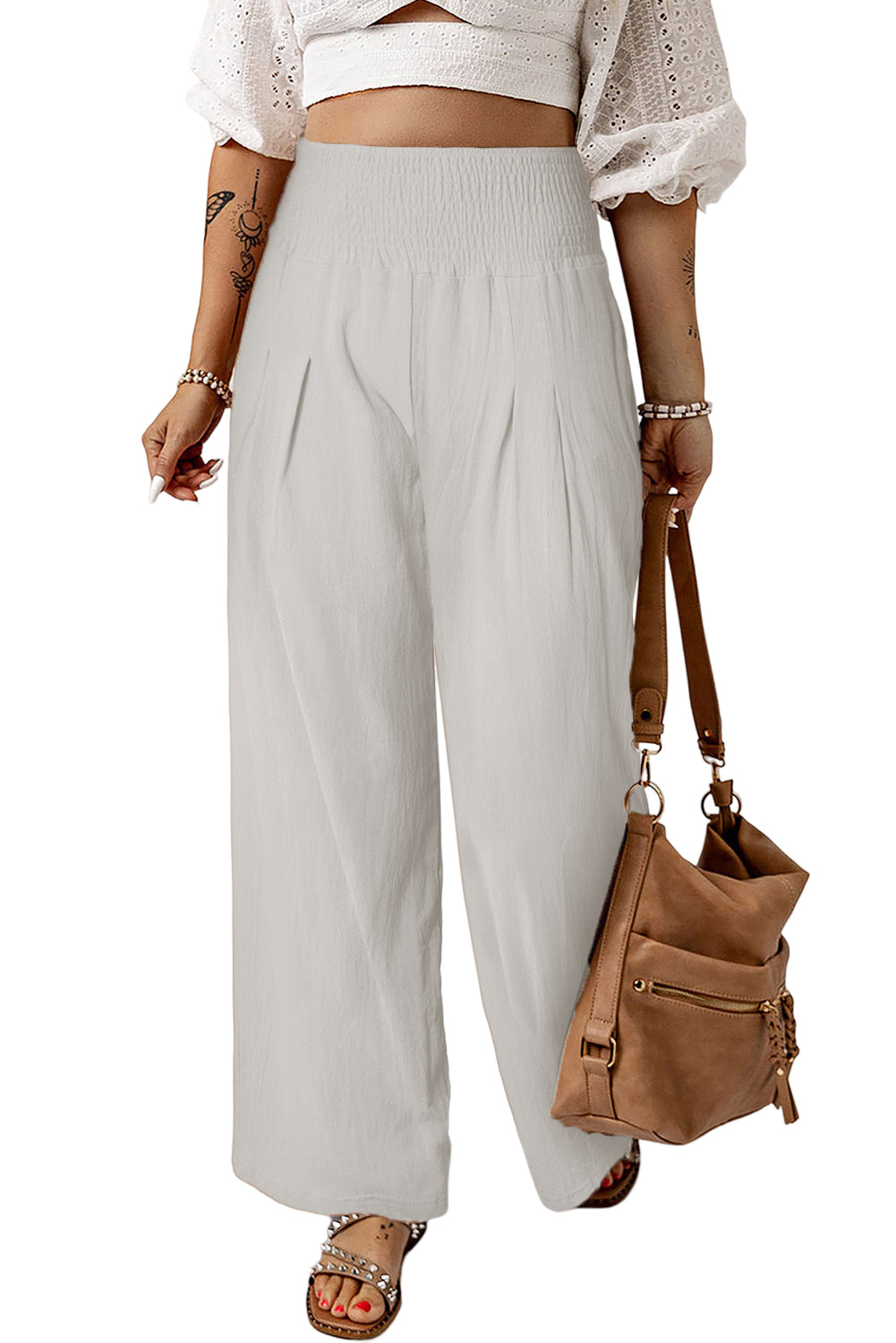 Brown Smocked Wide Waistband High Waist Wide Leg Pants