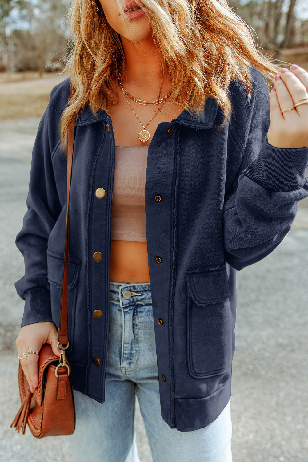 Gray Snap Button Casual Flap Pockets Washed Jacket