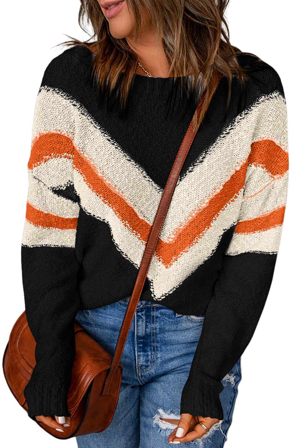 Chevron Striped Drop Shoulder Long Sleeve Pullover Sweater