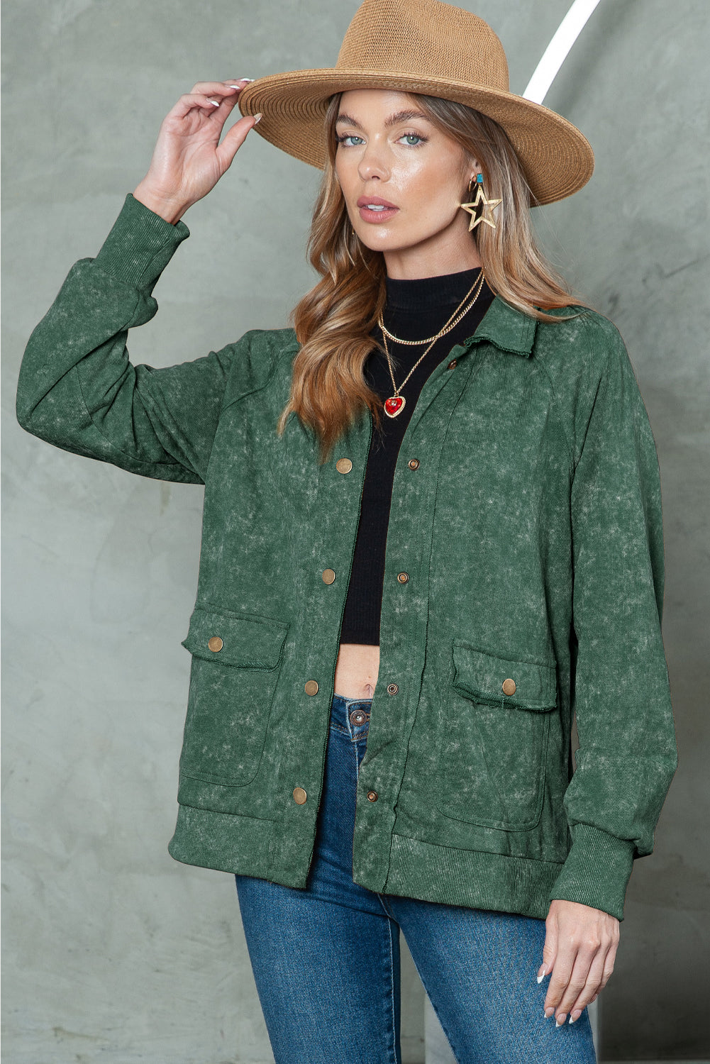 Gray Snap Button Casual Flap Pockets Washed Jacket
