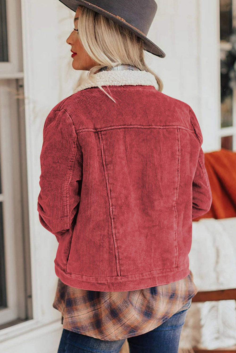 Gray Sherpa Snap Flap Pocket Cropped Corduroy Jacket