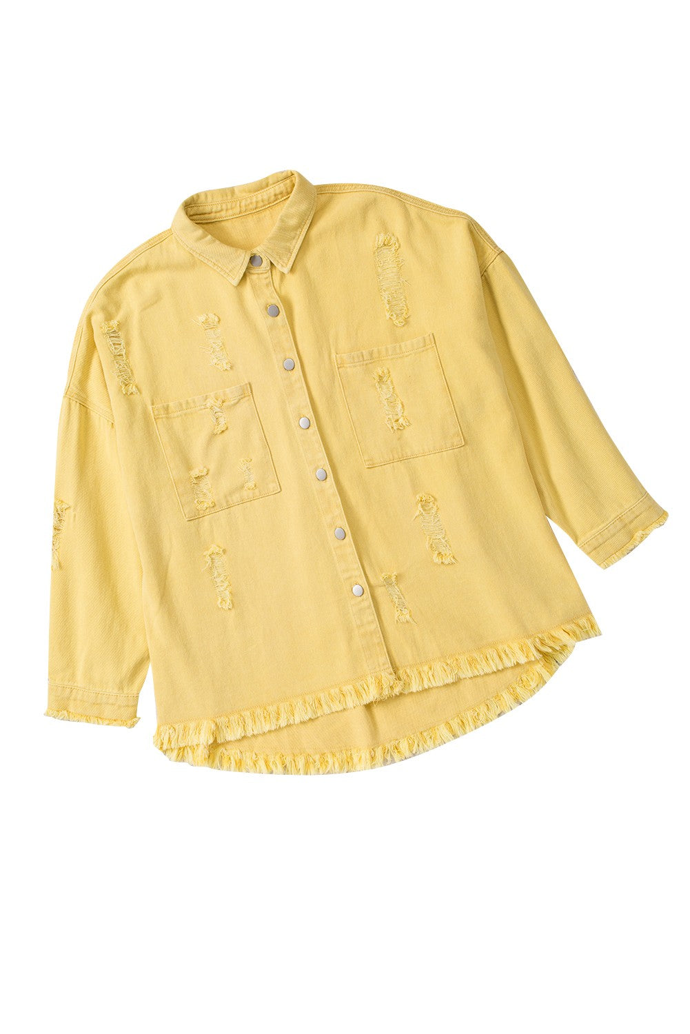Yellow Distressed Raw Hem Denim Jacket with Chest Pockets