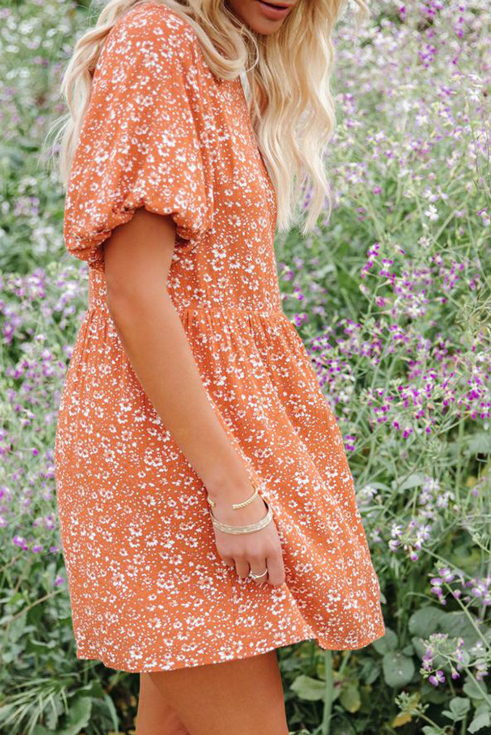 Orange Floral Boho Bishop Sleeve Short Dress