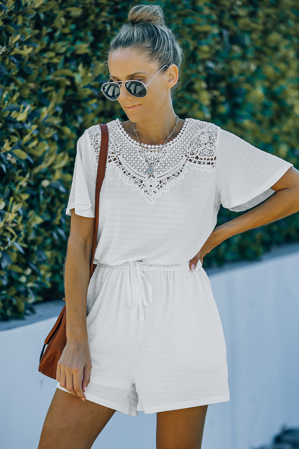 White Casual Crochet Neck Drawstring Romper