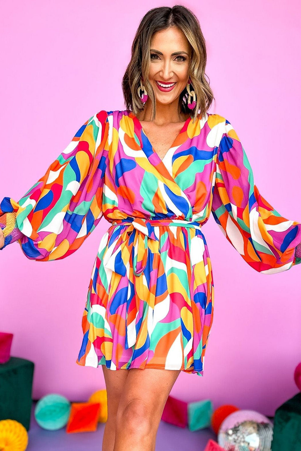 Red Abstract Printed Belted Puff Sleeve Short Dress