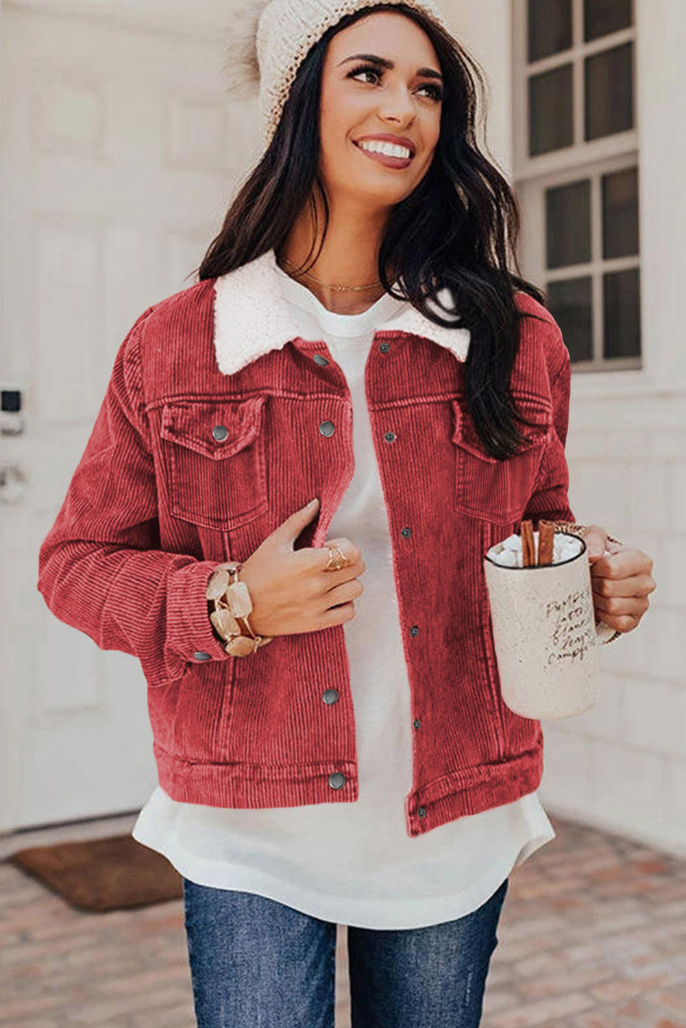 Gray Sherpa Snap Flap Pocket Cropped Corduroy Jacket