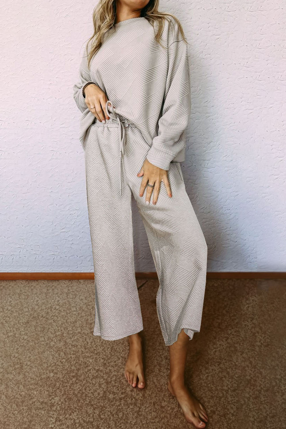 Dark Brown Textured Loose Slouchy Long Sleeve Top and Pants Set