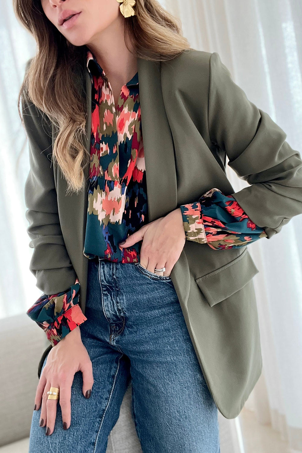Green Graffiti Colorblock Casual V Neck Puff Sleeve Blouse
