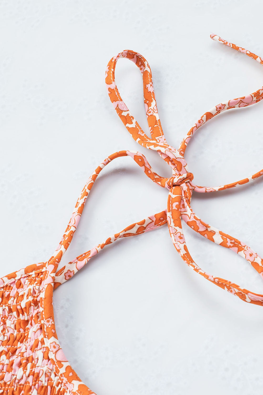 Orange Boho Floral Print Shirred Thin Straps Romper