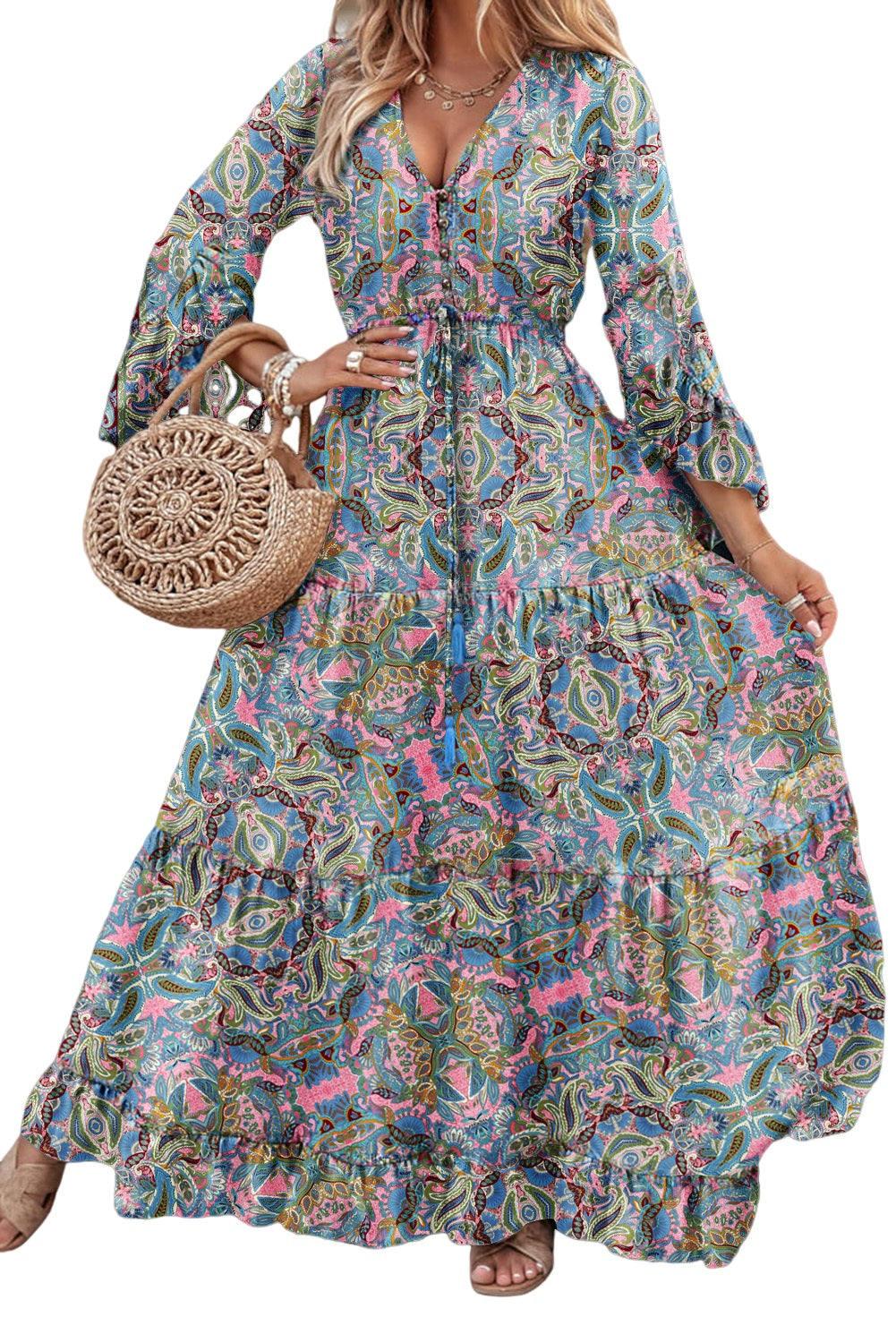 Green Paisley Print Boho Ruffle Trim Tied Maxi Dress
