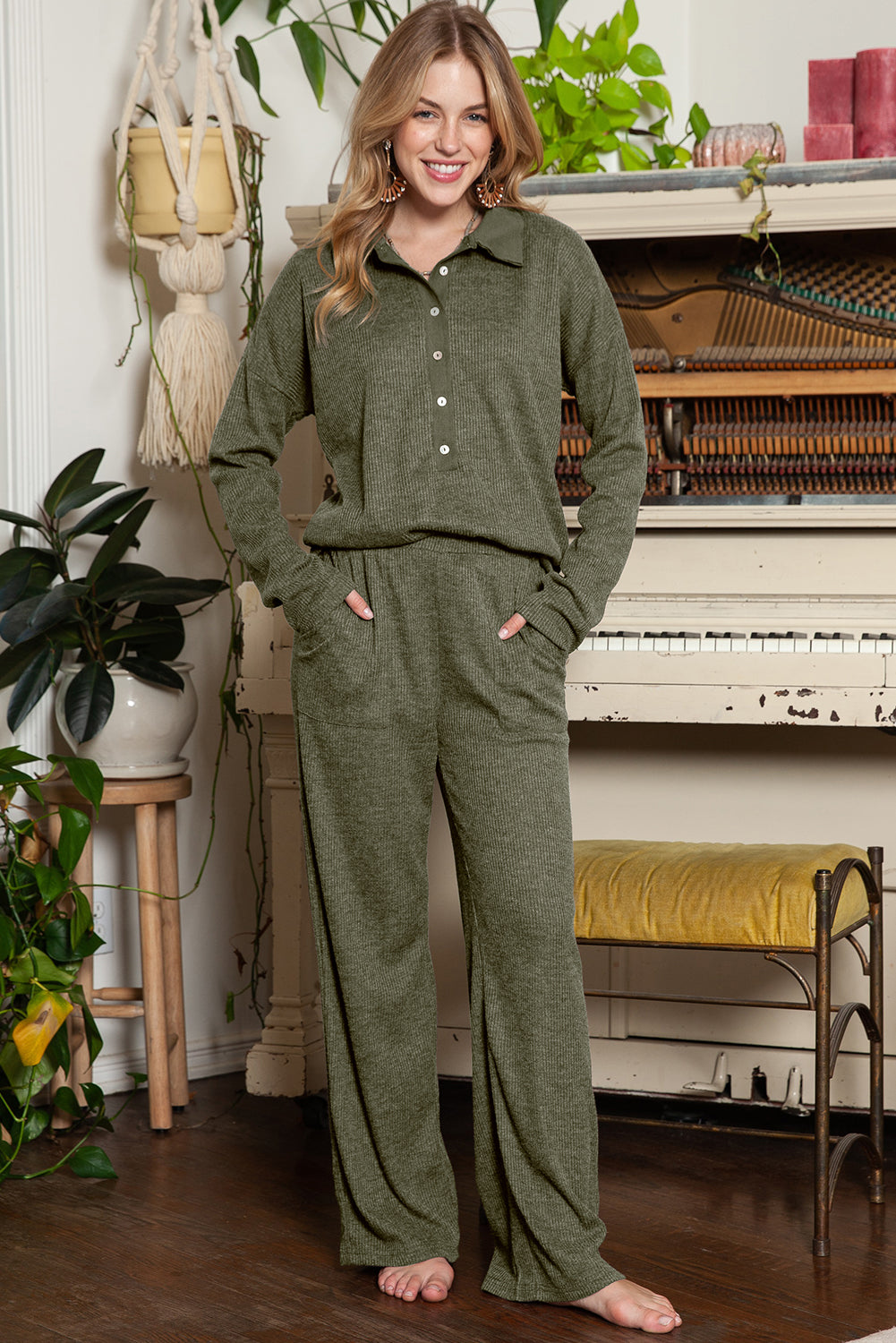 Black Ribbed Henley Shirt and Wide Leg Pants Loungewear Set