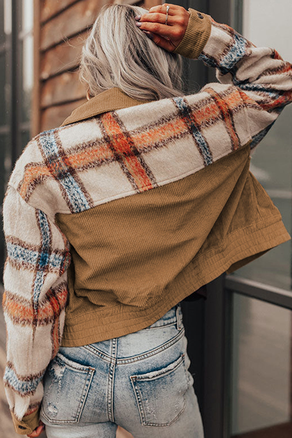 Khaki Plaid Corduroy Flap Pockets Boxy Chunky Jacket