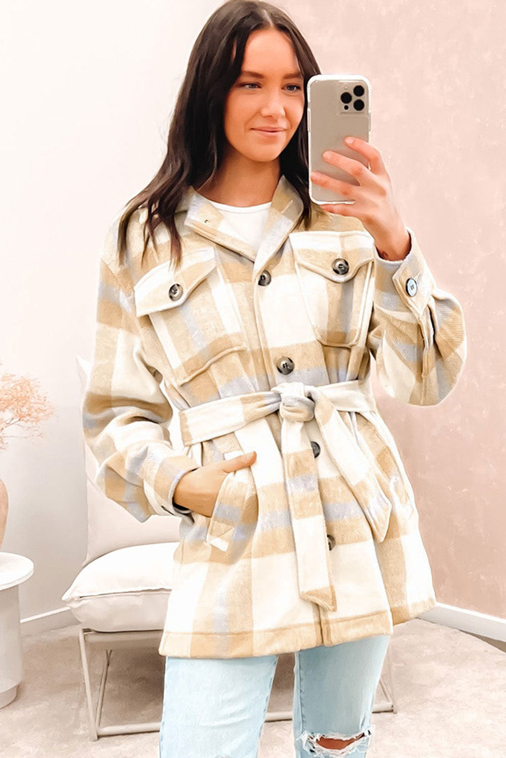 Black Plaid Button-Up Flap Pocket Belted Jacket