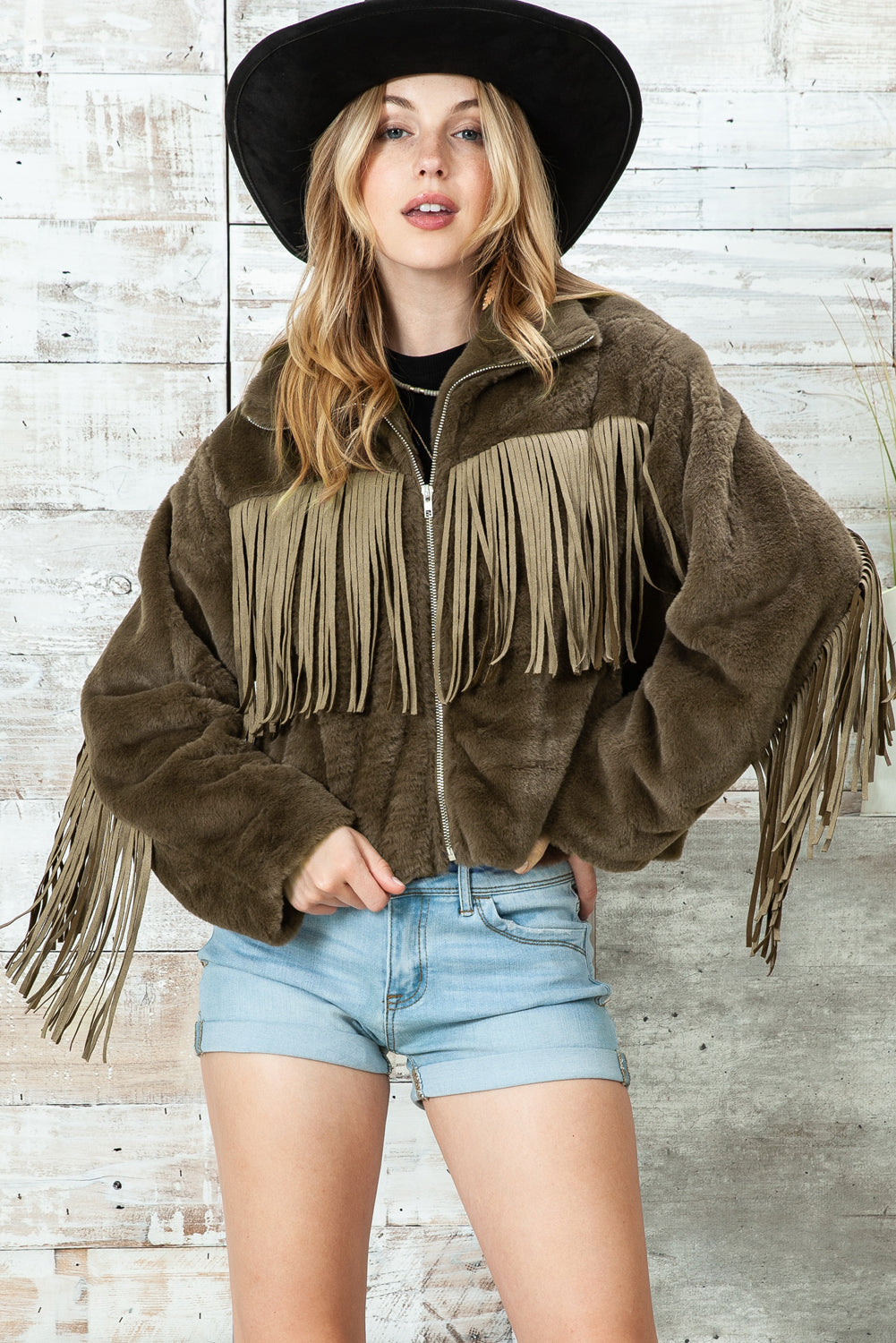 Pink Fringed Full Zipper Fleece Jacket