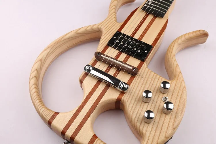GECKO Natural Solid Mahogany Hollow Electric Guitar Wood Neck-Thru Body Silent Electric Guitar With Built-in Distortion Pedal