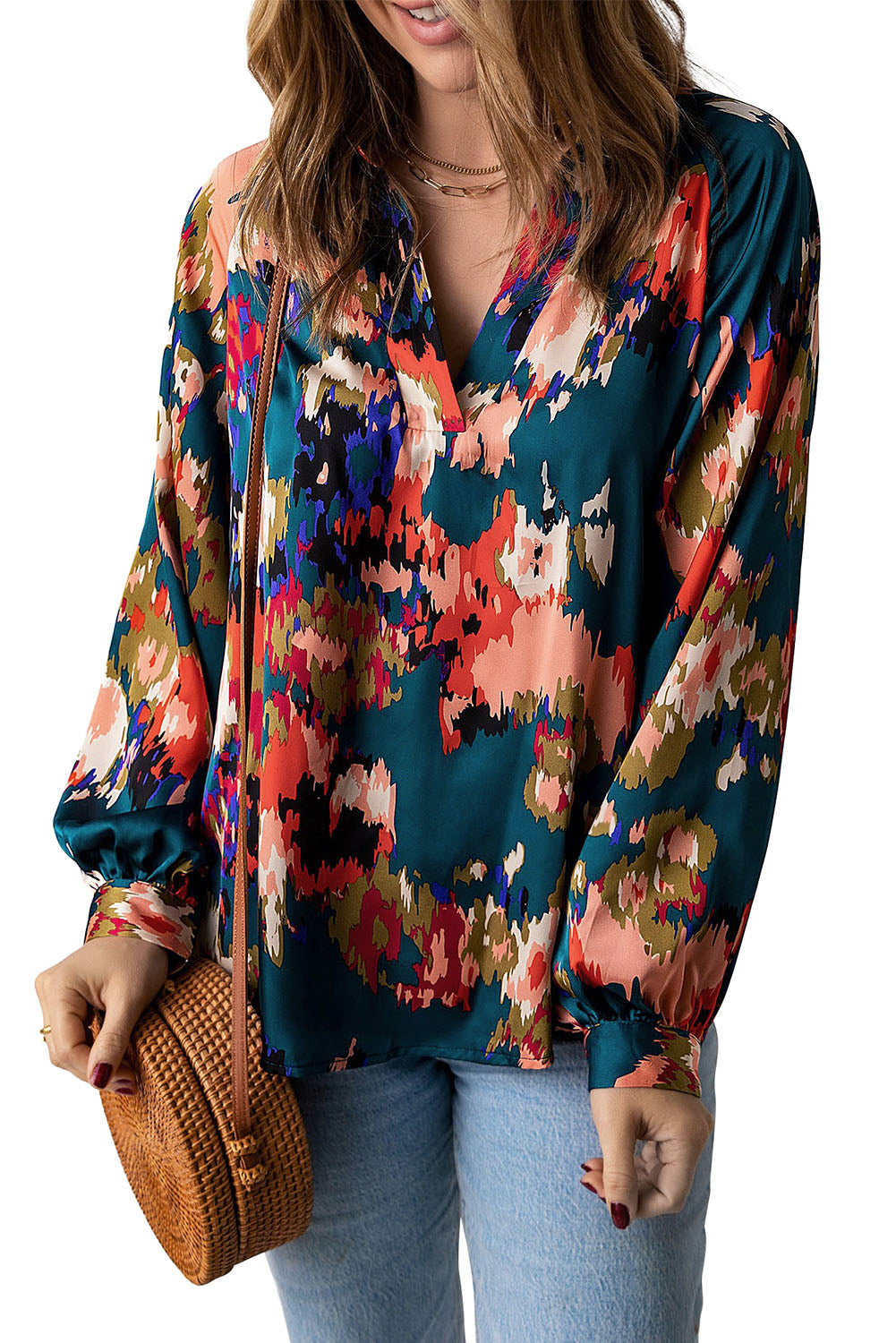 Green Graffiti Colorblock Casual V Neck Puff Sleeve Blouse