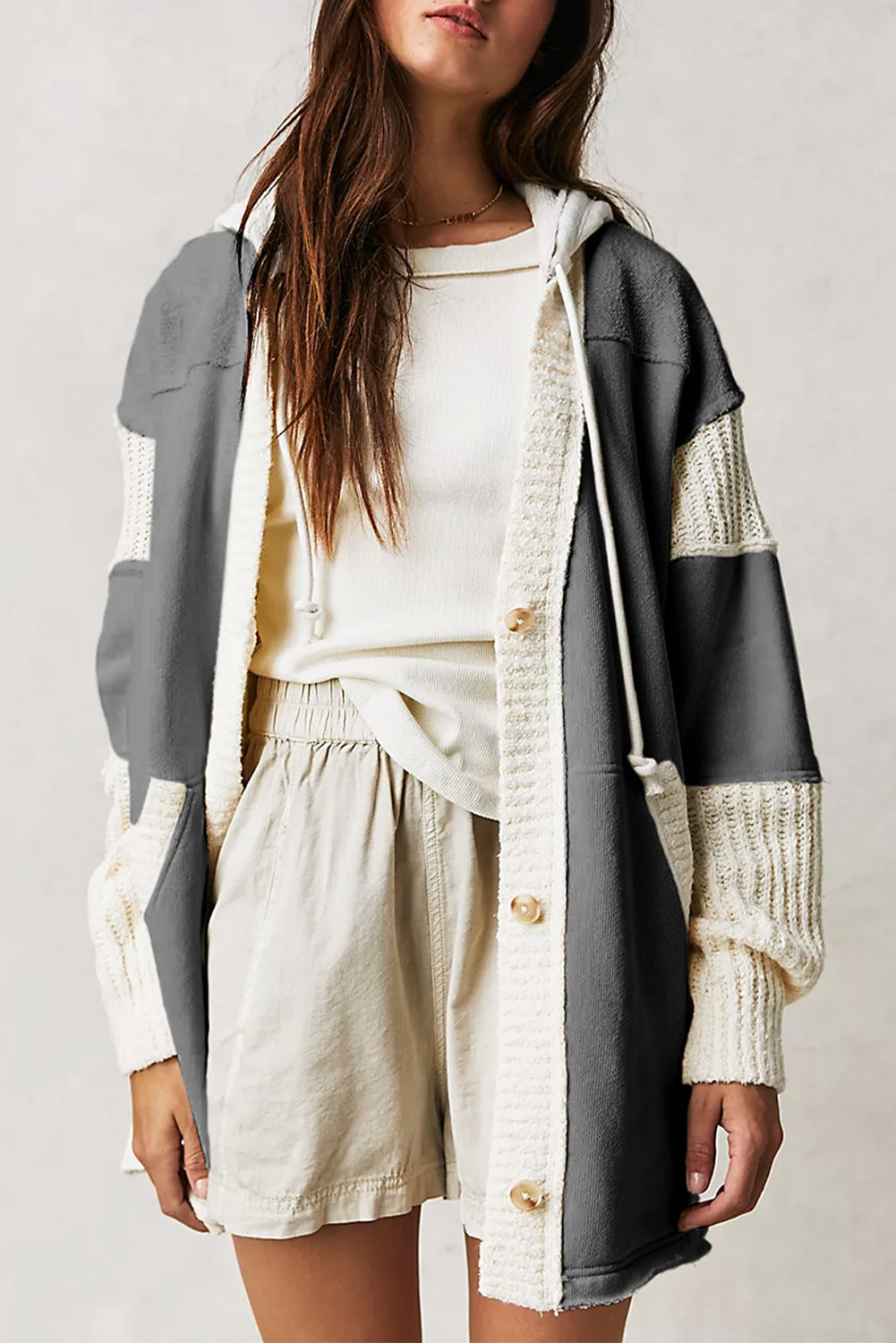 Beige Solid Color Button Down Long Hooded Cardigan