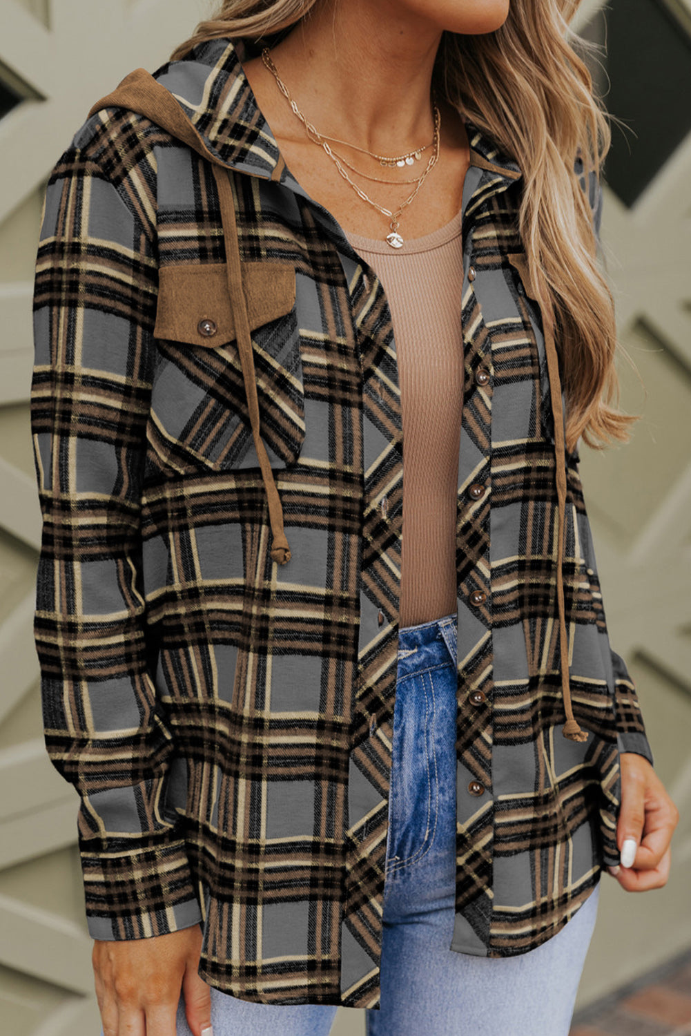 Pink Plaid Contrast Hooded Drawstring Shacket