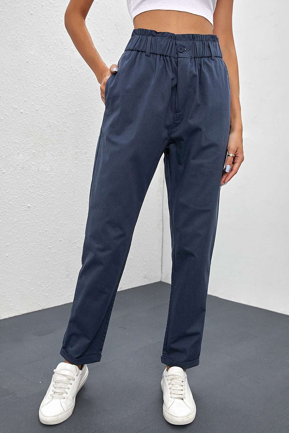 Beige Casual Frill Paper Bag Pocket High Rise Pants