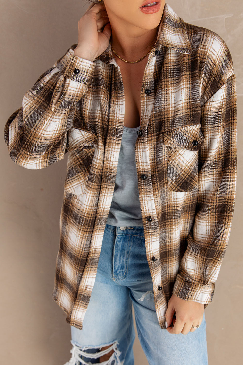 Black Button Up Collared Plaid Shacket