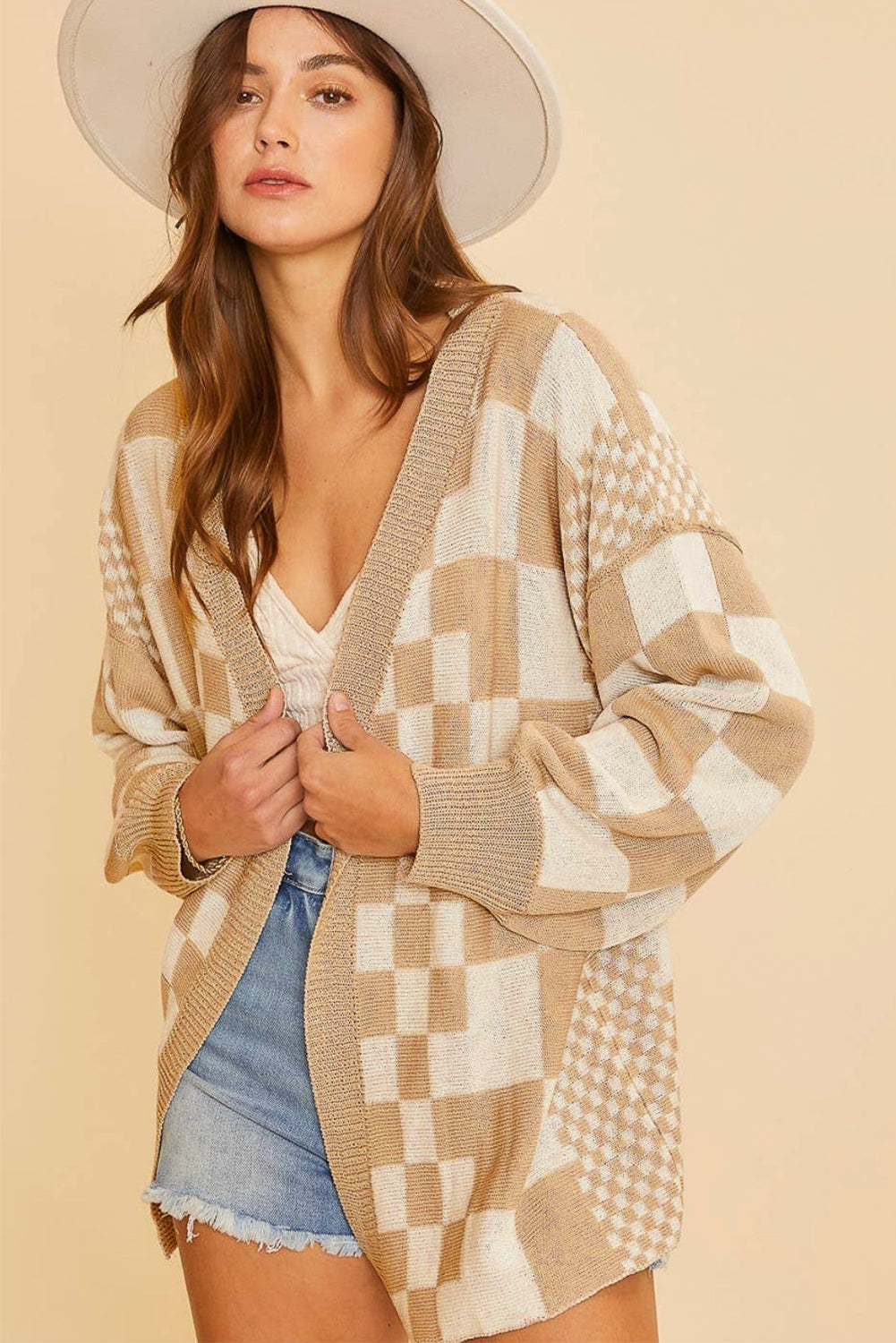 Khaki Plaid Colorblock Open Front Cardigan