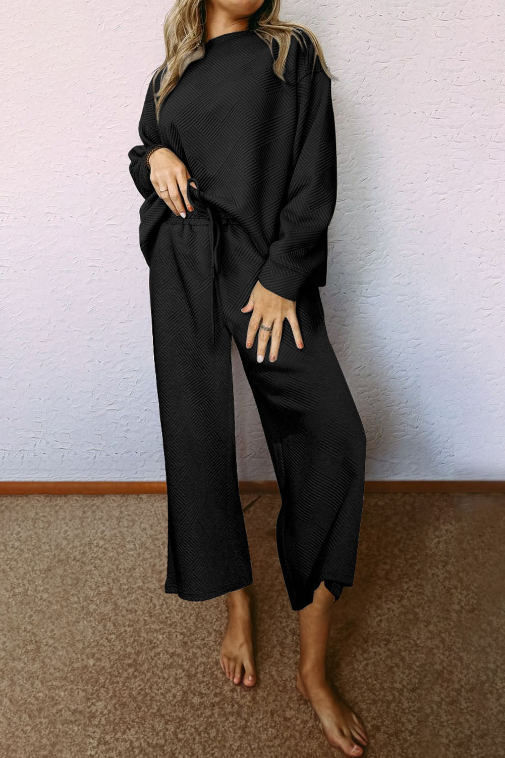 Dark Brown Textured Loose Slouchy Long Sleeve Top and Pants Set